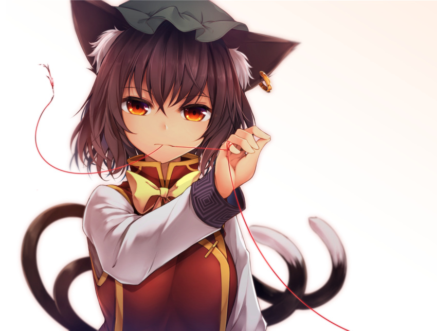 1girl animal_ear_fluff animal_ears arm_at_side bangs bow bowtie breasts brown_hair cat_ears cat_tail chen chinese_clothes green_headwear hat jewelry long_sleeves looking_at_viewer midori_(misuriru8) mob_cap mouth_hold multiple_tails nekomata outstretched_arm red_eyes red_string red_vest shirt short_hair single_earring solo string tail touhou two_tails upper_body vest white_shirt yellow_neckwear