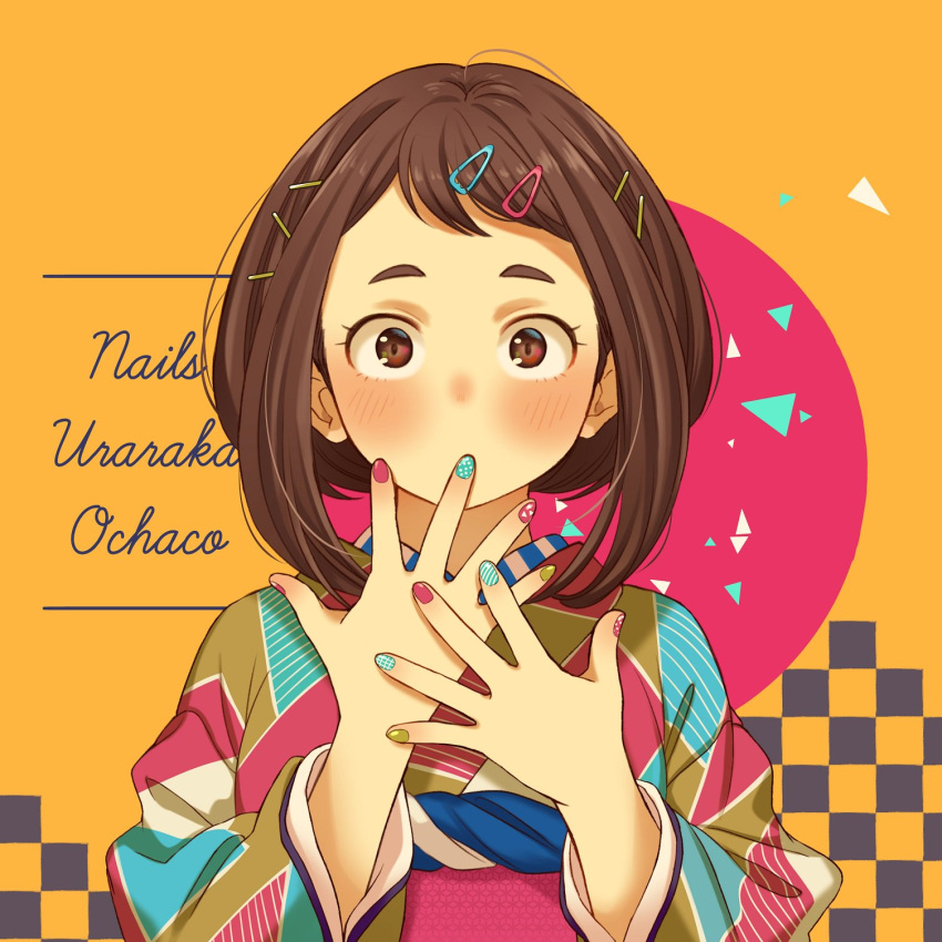 1girl bangs blush boku_no_hero_academia brown_eyes brown_hair character_name commentary covering_mouth cursive english_text hair_ornament hairclip highres japanese_clothes kimono long_sleeves looking_at_viewer multicolored multicolored_clothes multicolored_kimono multicolored_nails nail_polish nanaminn obi orange_background sash short_hair solo swept_bangs symbol_commentary upper_body uraraka_ochako wide_sleeves