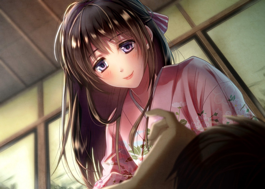 1boy 1girl bangs black_hair blurry_foreground blush bow brown_hair ceiling floral_print from_below hair_bow hetero indoors izumi_(stardustalone) japanese_clothes kimono long_hair looking_at_another pink_bow pink_kimono renri_no_chigiri_wo_kimi_to_shiru smile striped striped_bow violet_eyes waking_up