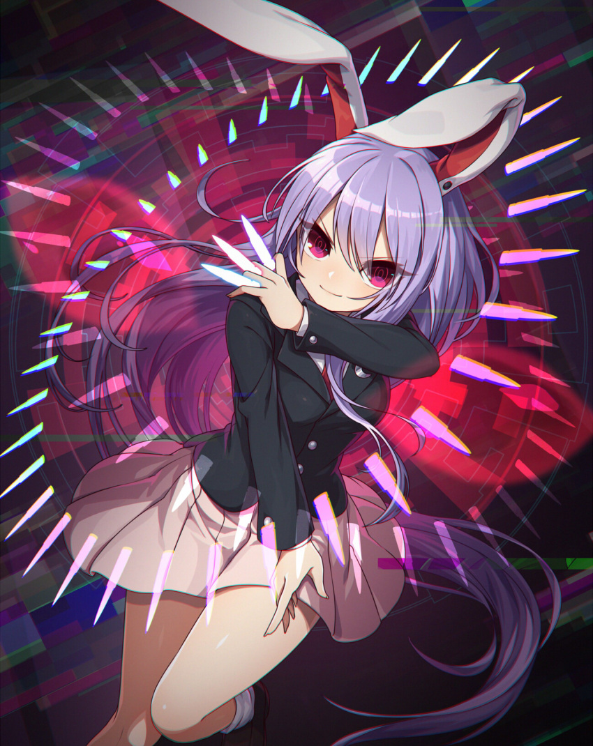 &gt;:) 1girl animal_ears between_fingers black_footwear black_jacket blazer bullet buttons commentary_request crescent crescent_moon_pin facing_viewer fingernails hand_up highres holding jacket kozakura_(dictionary) long_fingernails long_hair long_sleeves necktie patterned_background pink_skirt purple_hair rabbit_ears red_eyes red_neckwear reisen_udongein_inaba ringed_eyes shirt shoes skirt smile socks solo touhou tsurime very_long_hair white_legwear white_shirt