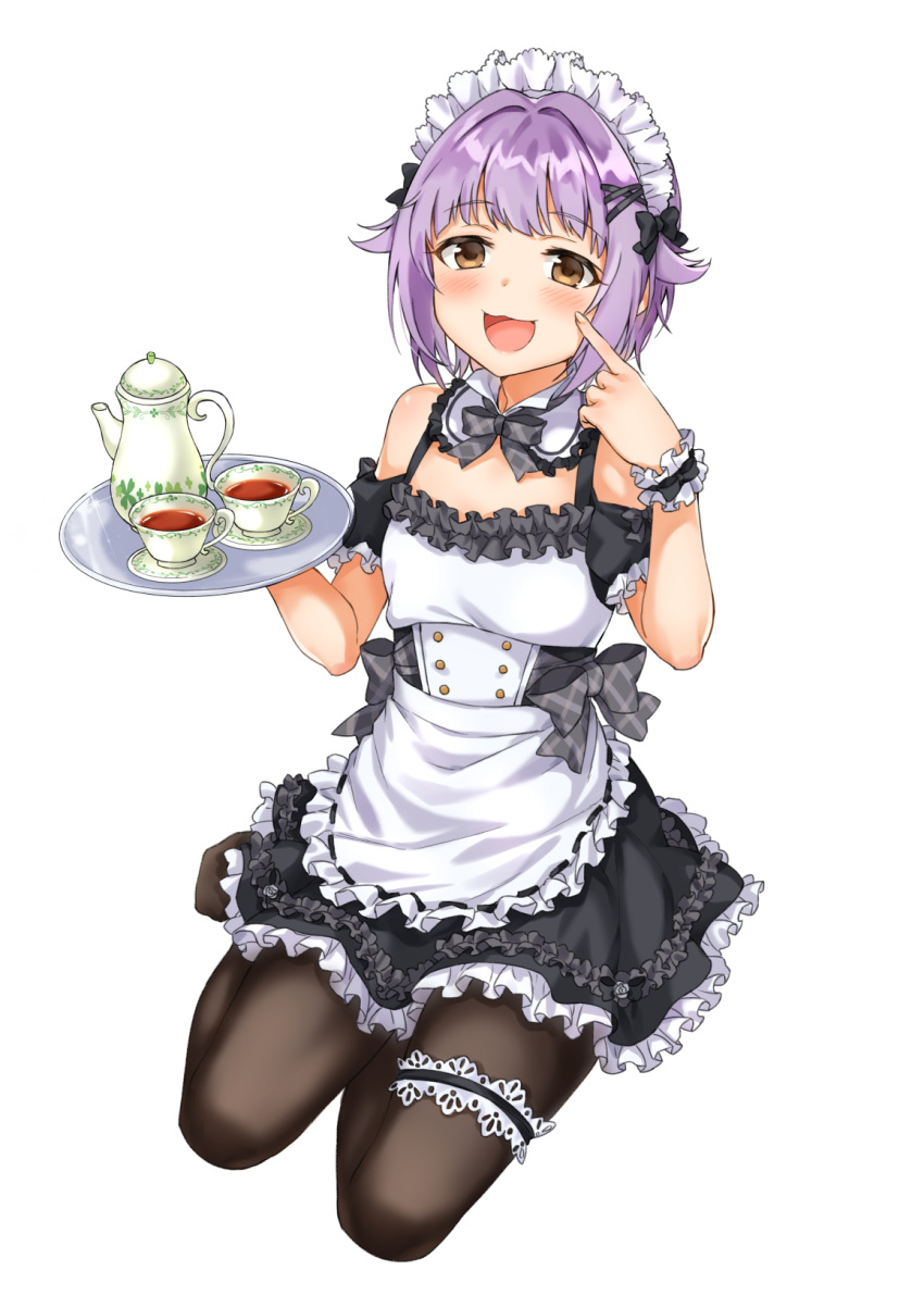 1girl apron bangs black_dress black_legwear blush breasts brown_eyes dress frilled_apron frills hair_ornament hairclip highres idolmaster idolmaster_cinderella_girls koshimizu_sachiko lavender_hair looking_at_viewer maid maid_headdress open_mouth seiza short_hair short_sleeves simple_background sirurabbit sitting smile solo thigh-highs thighs white_apron white_background wrist_cuffs