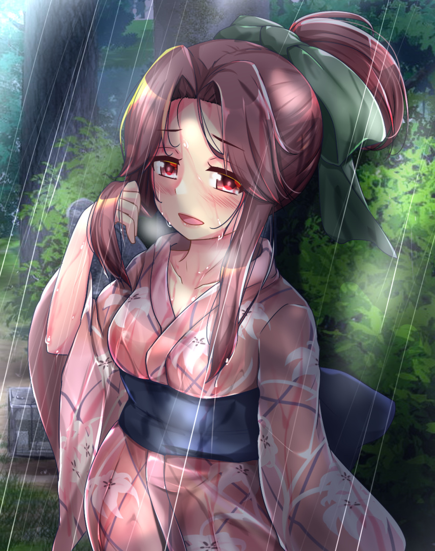 1girl breasts brown_eyes brown_hair bush collarbone floral_print hair_intakes half_updo highres japanese_clothes jintsuu_(kantai_collection) kantai_collection kimono kurokoshou_(emuburemu123) long_hair obi outdoors pink_kimono rain sash small_breasts solo tree water_drop wet wet_clothes wet_hair