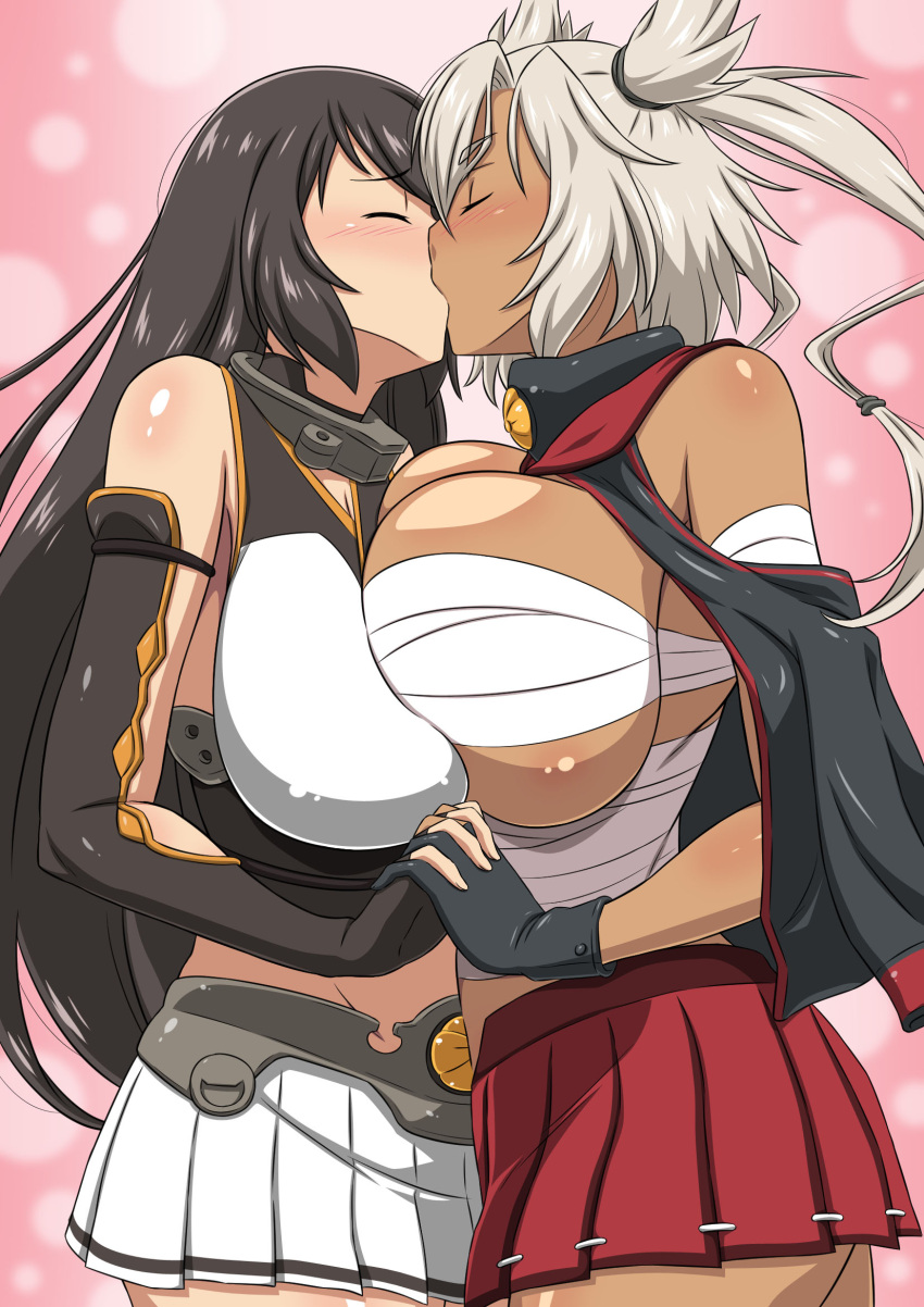 2girls bandages black_gloves black_hair breasts budget_sarashi capelet closed_eyes collar commentary_request cowboy_shot docking elbow_gloves eyebrows_visible_through_hair fingerless_gloves gloves hair_between_eyes highres holding_hands kantai_collection kiss ktktkoto large_breasts long_hair miniskirt multiple_girls musashi_(kantai_collection) nagato_(kantai_collection) pink_background platinum_blonde_hair pleated_skirt pointy_hair red_skirt sarashi short_hair_with_long_locks skirt twintails two_side_up