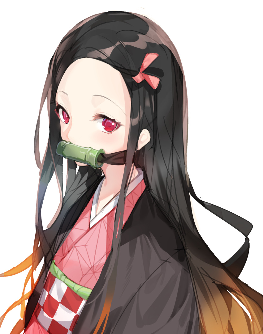 1girl absurdres aida_(chinhung0612) bamboo bit_gag black_hair brown_hair commentary_request forehead gag hair_ribbon highres japanese_clothes kamado_nezuko kimetsu_no_yaiba kimono long_hair long_sleeves looking_at_viewer mouth_hold multicolored_hair pink_eyes pink_kimono pink_ribbon ribbon simple_background solo two-tone_hair very_long_hair white_background