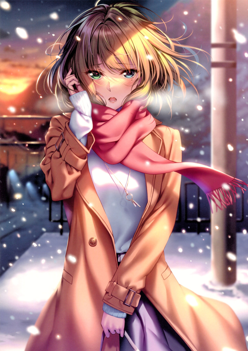 1girl :o absurdres bag bangs blonde_hair blue_eyes blurry blurry_background blush breath brown_coat coat cowboy_shot depth_of_field eyebrows_visible_through_hair green_eyes hair_intakes hand_up heterochromia highres holding holding_bag idolmaster idolmaster_cinderella_girls jewelry long_coat long_sleeves looking_at_viewer mole mole_under_eye necklace open_clothes open_coat open_mouth pink_scarf piromizu railing scan scarf shirt_tucked_in short_hair sidelocks sleeves_past_wrists snowing solo standing sweater takagaki_kaede teeth telephone_pole white_sweater wind winter winter_clothes