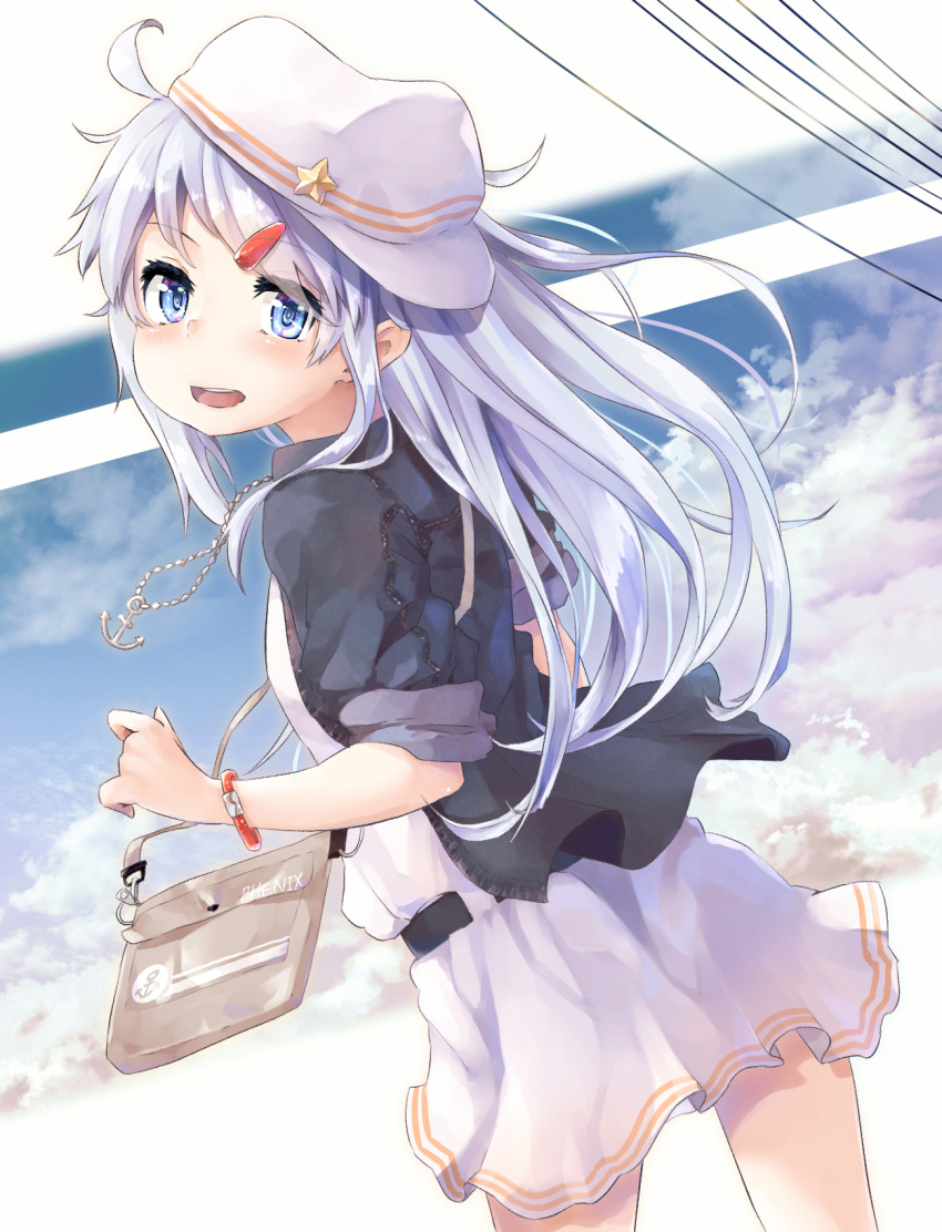 1girl alternate_costume badge bag black_jacket blue_eyes blue_sky bracelet casual clouds commentary_request cowboy_shot dress flat_cap from_behind hair_ornament hairclip handbag hat hibiki_(kantai_collection) highres jacket jewelry kantai_collection long_hair looking_at_viewer looking_back open_mouth round_teeth sky smile solo standing star taisho_(gumiyuki) teeth upper_teeth verniy_(kantai_collection) white_dress white_headwear