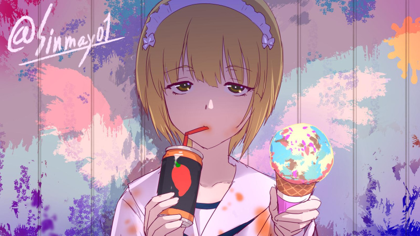 1girl bangs blonde_hair can collarbone cutlass_(girls_und_panzer) drinking food girls_und_panzer highres ice_cream looking_at_viewer maid_headdress messy shinmai_(kyata) short_hair solo twitter_username