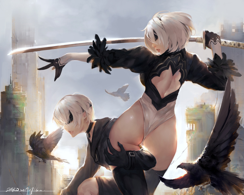 1boy 1girl artist_name ass back_cutout bandages bird black_blindfold black_gloves black_hairband blindfold dako6995 eyepatch feather-trimmed_sleeves flying gloves hairband highleg highleg_leotard highres juliet_sleeves kneeling leotard long_sleeves mole mole_under_mouth nier_(series) nier_automata parted_lips puffy_sleeves raven_(animal) ruins short_hair silver_hair sunlight sword thigh-highs thigh_grab thong_leotard weapon white_leotard yorha_no._2_type_b yorha_no._9_type_s