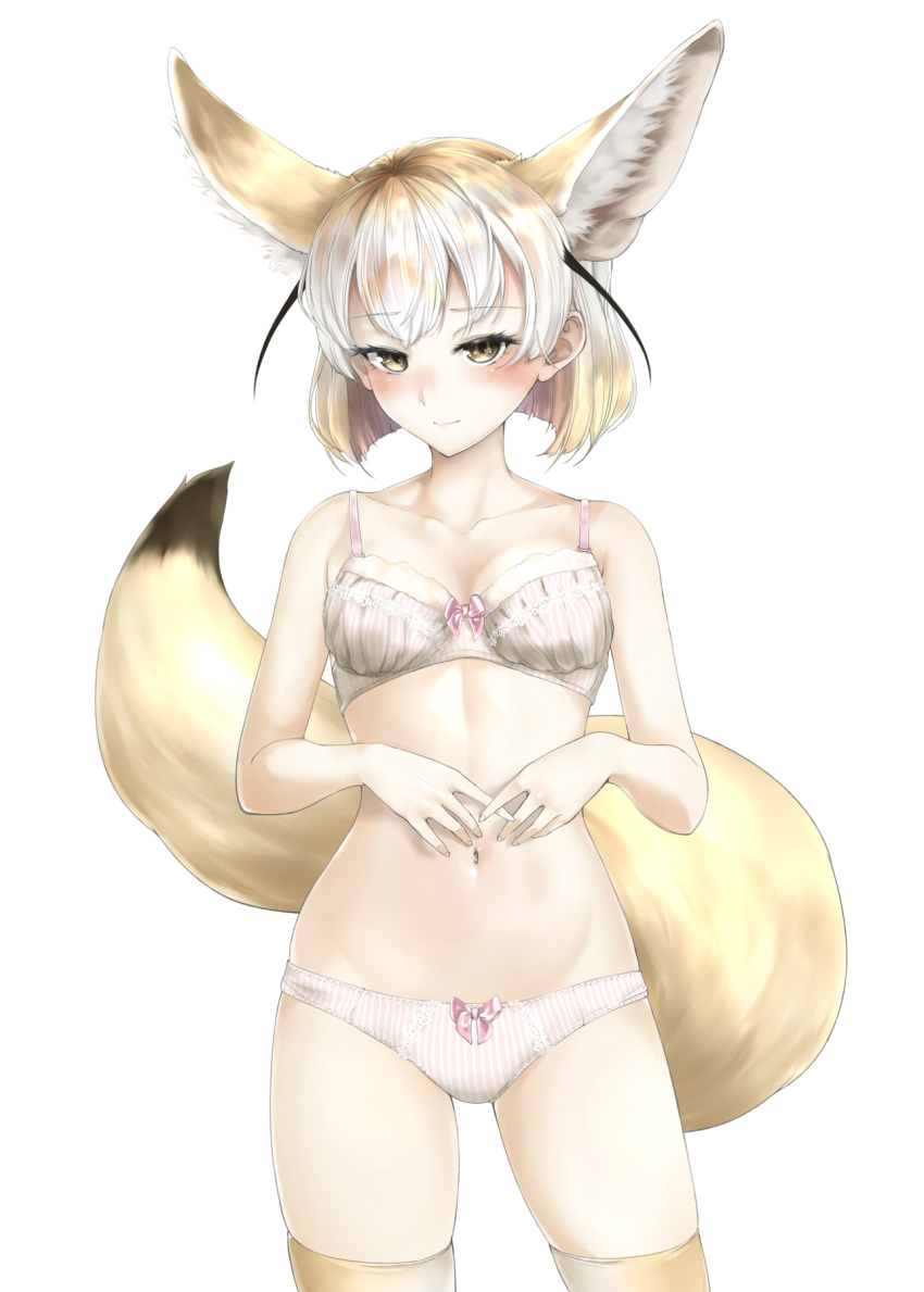 1girl aino-san_(miximixi39) animal_ear_fluff animal_ears bare_arms bare_shoulders black_hair blonde_hair blush bow bow_panties bra breasts closed_mouth collarbone cowboy_shot extra_ears eyebrows_visible_through_hair fennec_(kemono_friends) fox_ears fox_tail half-closed_eyes highres kemono_friends light_smile looking_at_viewer medium_hair multicolored_hair navel own_hands_together panties simple_background skindentation solo stomach striped striped_panties tail thigh-highs underwear underwear_only white_background white_hair yellow_eyes