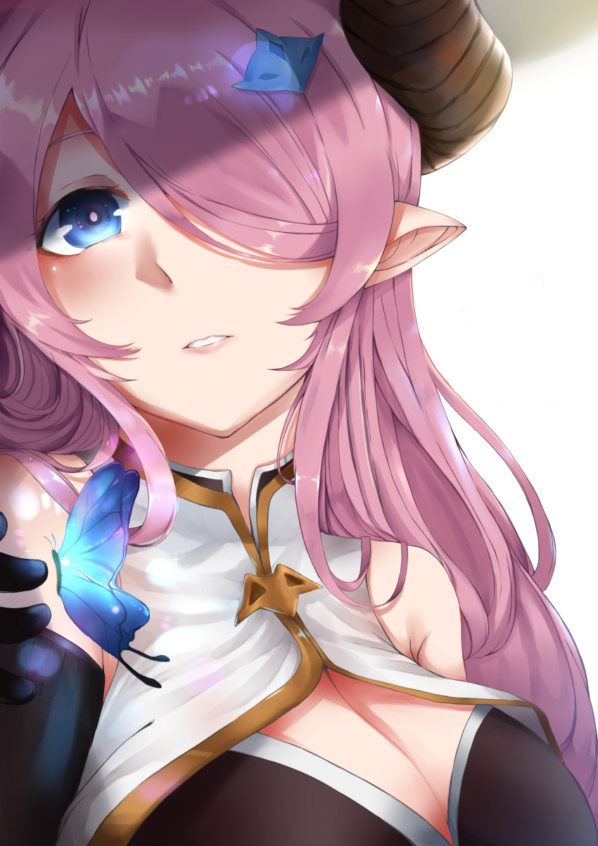 1girl absurdres blue_eyes blush breasts bug butterfly commentary draph granblue_fantasy hair_over_one_eye highres insect long_hair medium_breasts mirai'g narmaya_(granblue_fantasy) parted_lips pink_hair solo upper_body white_background