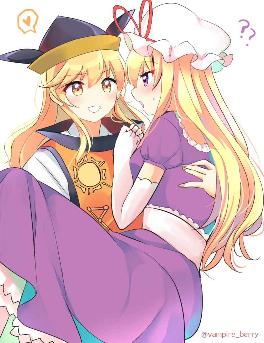 2girls ? ?? blonde_hair blush carrying constellation_print dress elbow_gloves gloves hat hat_ribbon heart highres long_hair matara_okina mob_cap multiple_girls ougi_hina princess_carry purple_dress ribbon short_hair_with_long_locks simple_background smile sweatdrop tabard tate_eboshi touhou violet_eyes white_background yakumo_yukari yellow_eyes yuri