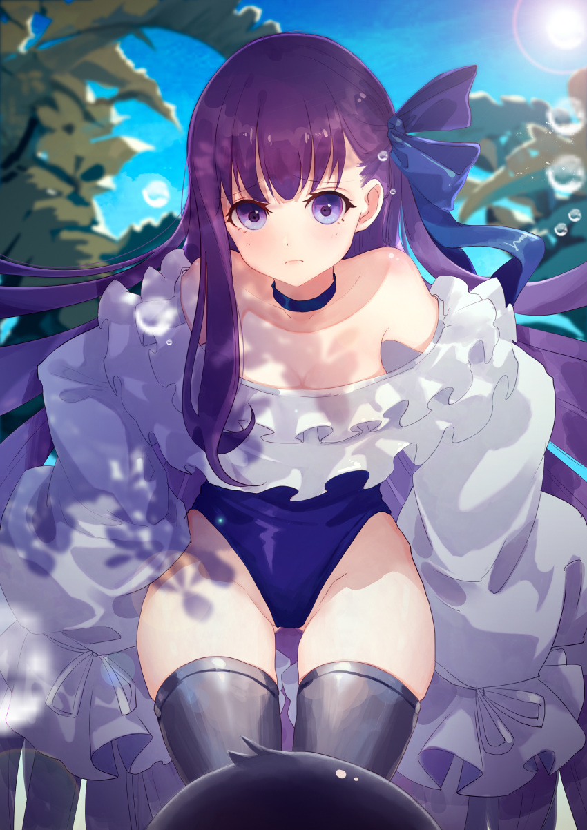 1girl absurdres bangs bare_shoulders blue_eyes blue_ribbon blush breasts choker closed_mouth collarbone commentary_request day eyebrows_visible_through_hair fate_(series) hair_between_eyes highres kmako1 long_hair long_sleeves looking_at_viewer meltryllis meltryllis_(swimsuit_lancer)_(fate) outdoors purple_hair ribbon sleeves_past_fingers sleeves_past_wrists small_breasts smile solo swimsuit very_long_hair
