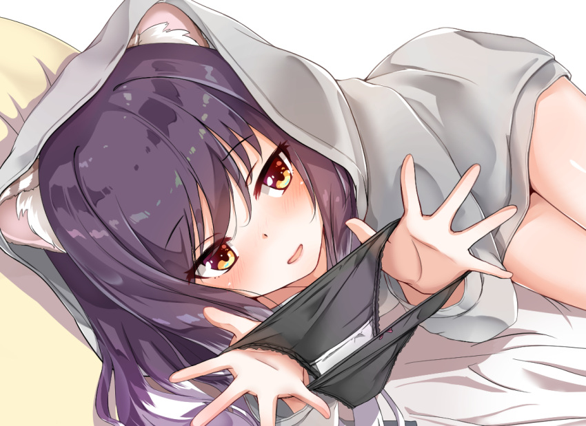 1girl animal_ear_fluff animal_ears aono_(f_i_s) bangs bed_sheet black_panties bow bow_panties brown_eyes eyebrows_visible_through_hair grey_jacket hair_between_eyes holding holding_panties hood hood_up hooded_jacket jacket kashiwazaki_shiori long_hair long_sleeves looking_at_viewer lying on_side panties panties_removed parted_lips pillow presenting_panties princess_connect! princess_connect!_re:dive simple_background smile solo underwear violet_eyes white_background