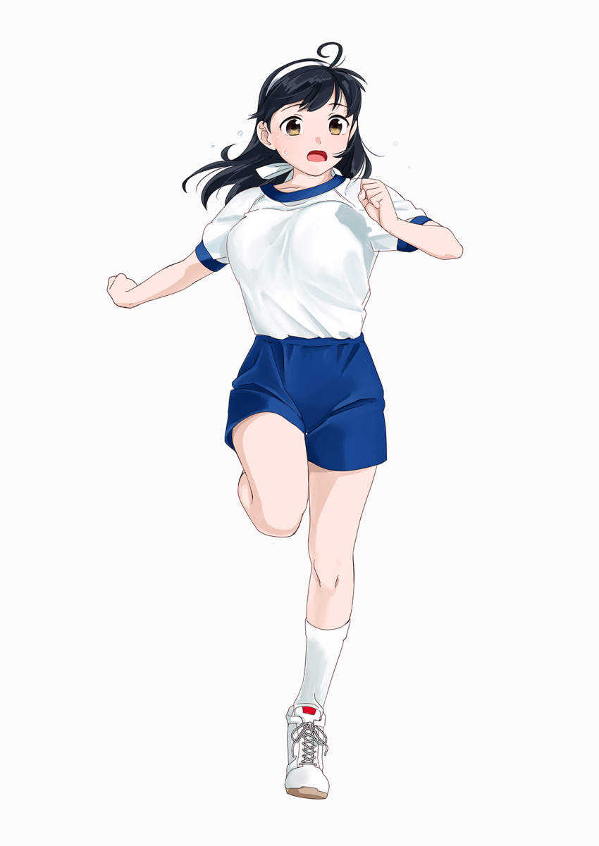 1girl ahoge alternate_costume black_hair blue_shorts breasts full_body gym_uniform hairband highres kantai_collection kneehighs large_breasts long_hair ojipon open_mouth running shirt shoes shorts simple_background sneakers solo t-shirt ushio_(kantai_collection) white_background white_footwear white_hairband white_legwear white_shirt