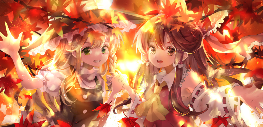 2girls alternate_eye_color arm_up armpit_peek autumn_leaves backlighting blonde_hair bow braid brown_eyes brown_hair cravat detached_sleeves green_eyes grin hair_bow hair_tubes hakurei_reimu hat highres holding_hands interlocked_fingers kirisame_marisa leaf light_particles long_hair maple_leaf multiple_girls open_hand open_mouth outdoors piyo_(sqn2idm751) ponytail red_vest sidelocks single_braid smile symbol_commentary teeth touhou tree_branch upper_body upper_teeth very_long_hair vest witch_hat yellow_neckwear