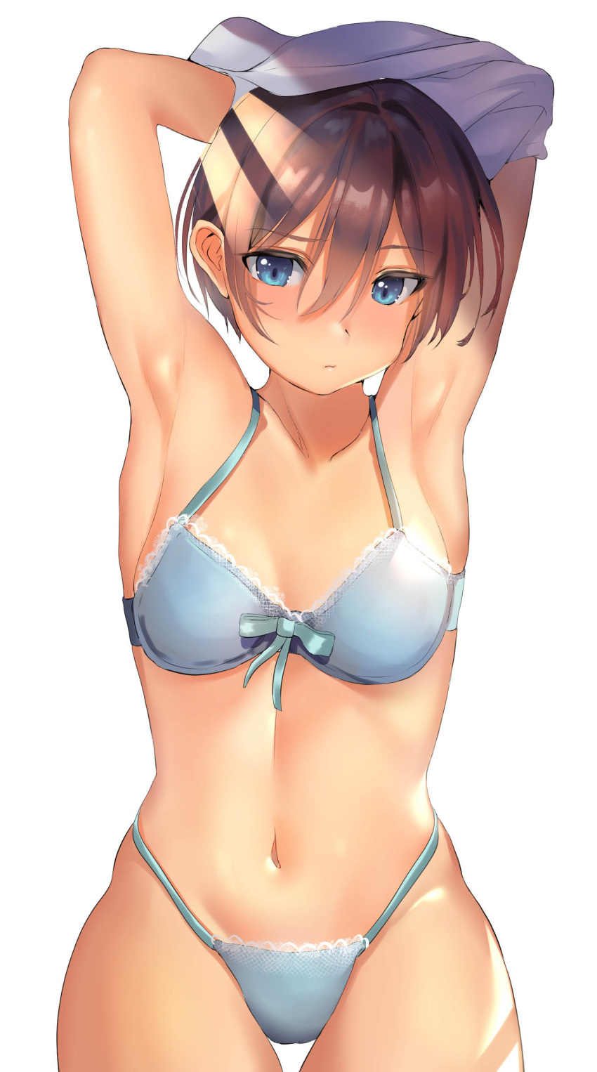 1girl absurdres aqua_bra aqua_panties armpits arms_up blue_eyes bra breasts brown_hair highres inushima looking_at_viewer medium_breasts navel original panties short_hair simple_background solo underwear undressing white_background