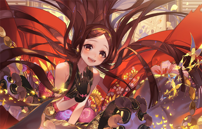 1girl black_gloves black_kimono blush bow brown_eyes brown_hair bug butterfly chacha_(fate/grand_order) cherry_blossom_print commentary earrings facing_viewer fate/grand_order fate_(series) floral_print frills gloves hairband hand_on_own_chest hand_up insect japanese_clothes jewelry kimono long_hair obi open_mouth orange_sekaii petals pink_bow pom_pom_(clothes) print_kimono red_sash sash sleeveless sleeveless_kimono smile