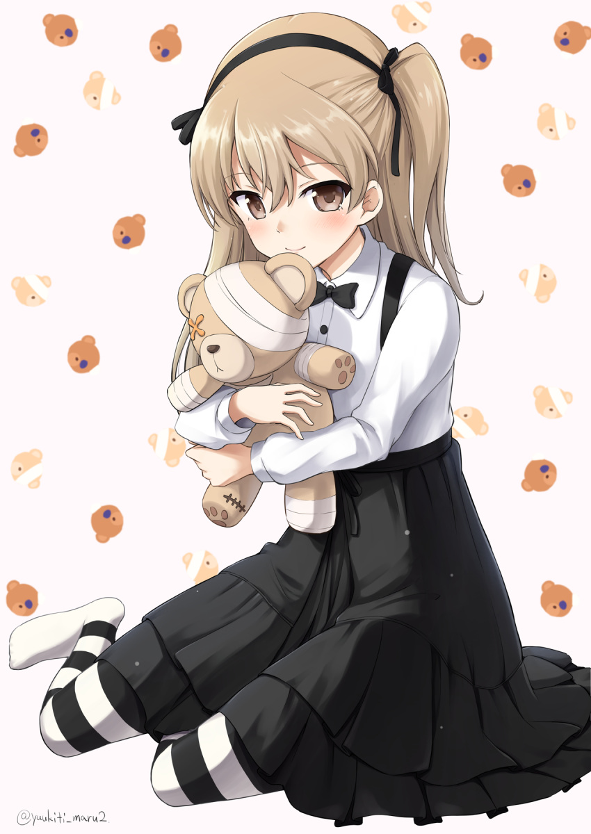 1girl animal_print bandages bangs bear_print black_legwear black_neckwear black_ribbon black_skirt blush boko_(girls_und_panzer) bow bowtie casual closed_mouth collared_shirt commentary_request eyebrows_visible_through_hair girls_und_panzer hair_ribbon high-waist_skirt highres holding holding_stuffed_animal layered_skirt light_brown_eyes light_brown_hair long_hair long_sleeves looking_at_viewer medium_skirt one_side_up pantyhose partial_commentary ribbon shimada_arisu shirt sitting skirt smile solo striped striped_legwear stuffed_animal stuffed_toy suspender_skirt suspenders teddy_bear twitter_username white_shirt yokozuwari yuuki_kazuhito