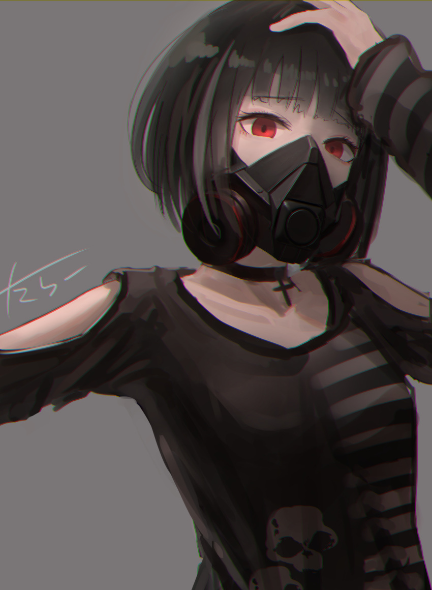 1girl absurdres black_hair choker chromatic_aberration commentary_request cross_choker eyebrows_visible_through_hair gas_mask grey_background hand_on_own_head highres looking_at_viewer original red_eyes short_hair skull_print solo tararelux traditional_media watercolor_(medium)