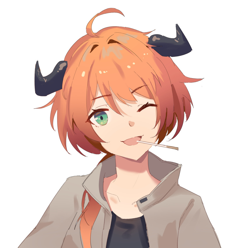 1girl ;d ahoge arknights bangs black_shirt collarbone croissant_(arknights) eyebrows_visible_through_hair food food_in_mouth green_eyes grey_jacket hair_between_eyes head_tilt highres horns hua_ye jacket long_hair one_eye_closed open_clothes open_jacket open_mouth orange_hair pocky shirt simple_background smile solo white_background