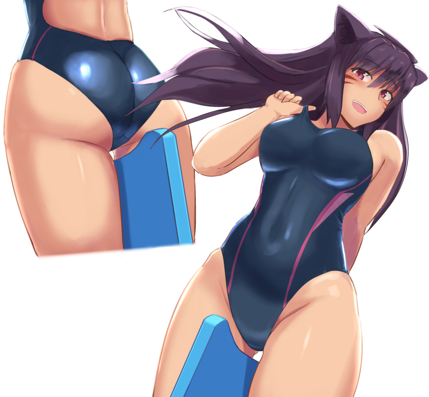 1girl adjusting_clothes adjusting_swimsuit animal_ears arm_behind_back ass ass_visible_through_thighs bangs between_legs black_swimsuit breasts brown_hair competition_swimsuit covered_navel cropped_legs crotch_seam dutch_angle eyebrows_visible_through_hair facial_mark highres kickboard long_hair looking_at_viewer mayomaru1 medium_breasts multiple_views one-piece_swimsuit open_mouth original red_eyes simple_background smile solo standing swimsuit thighs white_background wind