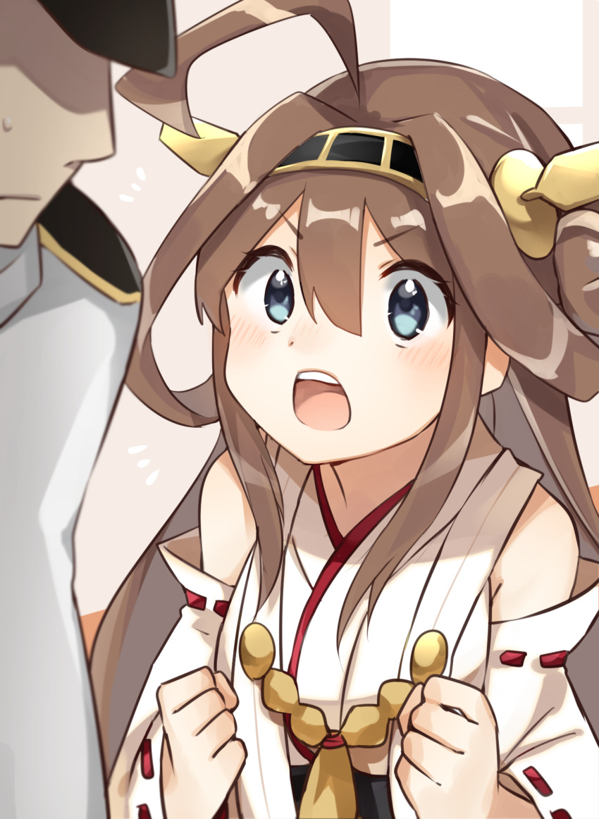 1boy 1girl admiral_(kantai_collection) ahoge bangs blue_eyes blush brown_hair clenched_hands detached_sleeves double_bun eyebrows_visible_through_hair faceless faceless_male hair_between_eyes hairband headgear highres japanese_clothes kantai_collection katsuobushi_(eba_games) kongou_(kantai_collection) long_hair nontraditional_miko open_mouth ribbon ribbon-trimmed_sleeves ribbon_trim shaded_face sweat