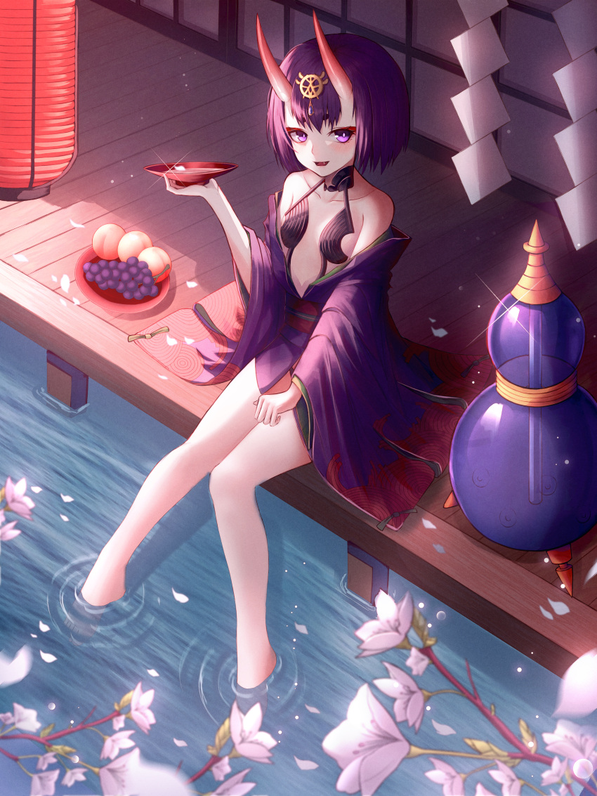 1girl absurdres alcohol bangs bare_shoulders blush bob_cut breasts collarbone cup eyeliner fate/grand_order fate_(series) food fruit gourd grapes headpiece highres horns japanese_clothes kimono legs long_sleeves looking_at_viewer makeup off_shoulder oni oni_horns open_mouth peach purple_hair purple_kimono sakazuki sake short_eyebrows short_hair shuten_douji_(fate/grand_order) sitting small_breasts smile solo violet_eyes water wide_sleeves zu_mi