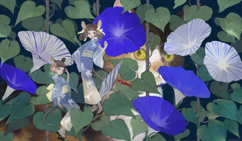 2girls animal animal_ears animal_print bangs bird_print blue_flower blue_kimono blunt_bangs bob_cut bow braid brown_eyes brown_hair cat clenched_hand day flower geta hair_bow hand_up in_tree japanese_clothes kimono looking_at_viewer minigirl morning_glory mouse_ears mouse_girl mouse_tail multiple_girls nature nekosuke_(oxo) obi original plant sash short_hair sitting standing tail tree vines yellow_bow yukata