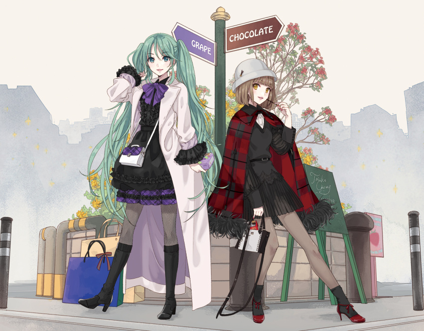 2girls aqua_eyes aqua_hair bag bangs belt black_dress black_footwear blunt_bangs bob_cut boots box brown_eyes brown_hair capelet cityscape coat commentary_request crossover dress eating english_text flower food frilled_dress frilled_sleeves frills fruit fur-trimmed_capelet fur_trim glico hand_in_hair hand_up handbag hatsune_miku high_heels highres holding holding_bag holding_box holding_pocky ixima knee_boots layered_dress lico_(glico) light_blush light_smile lipstick long_hair looking_at_viewer makeup multiple_girls neck_ribbon outdoors pantyhose partial_commentary pink_coat plaid_capelet plant pocky purple_ribbon red_footwear ribbon road shopping_bag short_hair sign signpost strawberry street twintails urban very_long_hair vocaloid