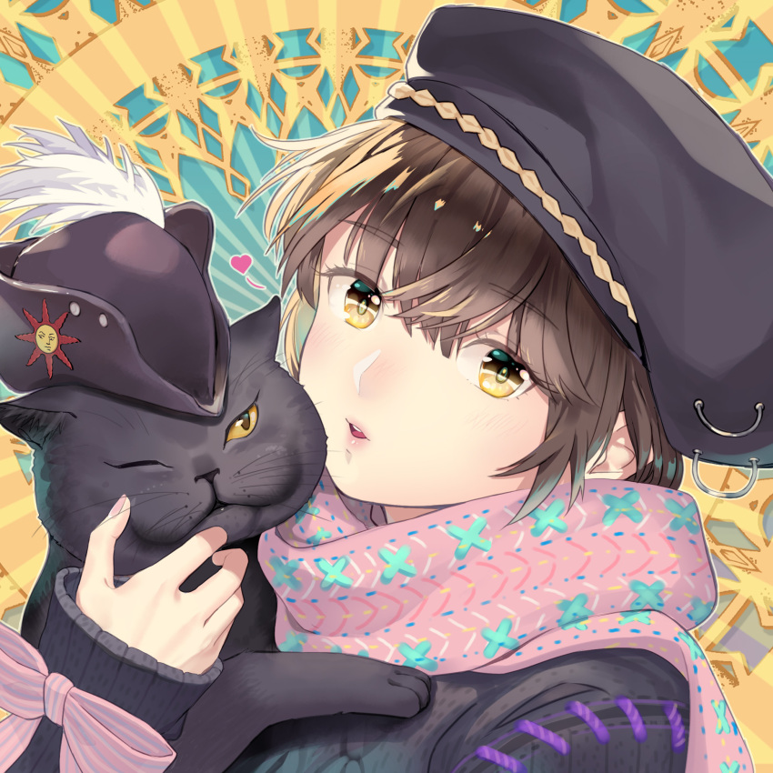 1girl bangs black_cat black_headwear blush bow brown_eyes brown_hair cat eyebrows_visible_through_hair fingernails hat_feather head_tilt highres huacai long_sleeves looking_at_viewer one_eye_closed original parted_lips pink_bow pink_lips pink_scarf plume portrait scarf sleeves_past_wrists sun_(symbol) sun_print sweater