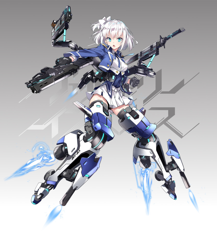 1girl :o black_gloves blue_eyes commentary_request crop_top cropped_jacket eyebrows_visible_through_hair full_body gloves gradient gradient_background grey_background gun hair_ribbon hayakawa_harui highres looking_at_viewer mecha mecha_musume military original plantar_flexion ribbon side_ponytail simple_background skirt solo thrusters trigger_discipline valkyrie_impulse weapon white_background white_hair white_skirt