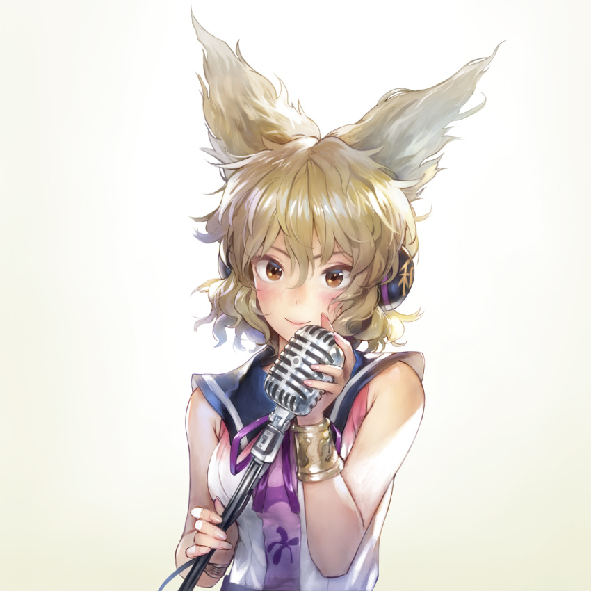 1girl bangs bare_arms bare_shoulders blonde_hair blush bracelet breasts brown_eyes commentary_request copyright_name dated earmuffs grey_background hair_between_eyes hand_up highres holding holding_microphone jewelry looking_at_viewer matsuda_(matsukichi) medium_breasts microphone neck_ribbon pointy_hair purple_neckwear purple_ribbon ribbon short_hair sleeveless smile solo touhou toyosatomimi_no_miko upper_body