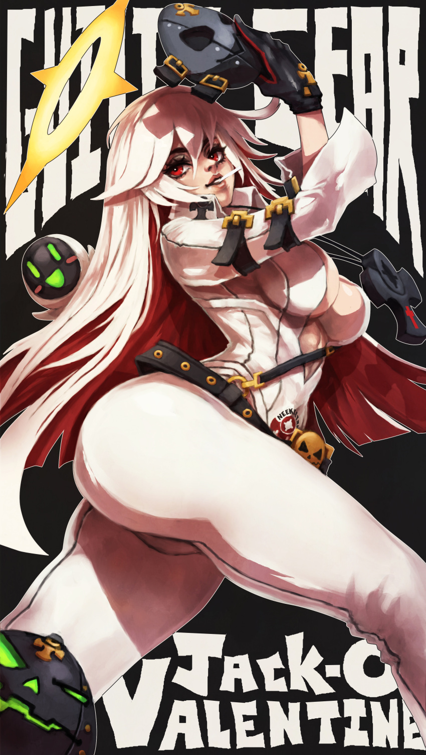1girl absurdres ankh ass ball_and_chain_restraint bellbottoms belt black_gloves breasts candy character_name commentary english_commentary food gloves guilty_gear guilty_gear_xrd halo highres jack-o'_valentine knight_servant large_breasts lips lollipop long_hair loose_belt mask mask_removed monori_rogue multicolored_hair no_bra nose plunging_neckline red_eyes redhead solo_focus strap studded_belt two-tone_hair very_long_hair white_hair