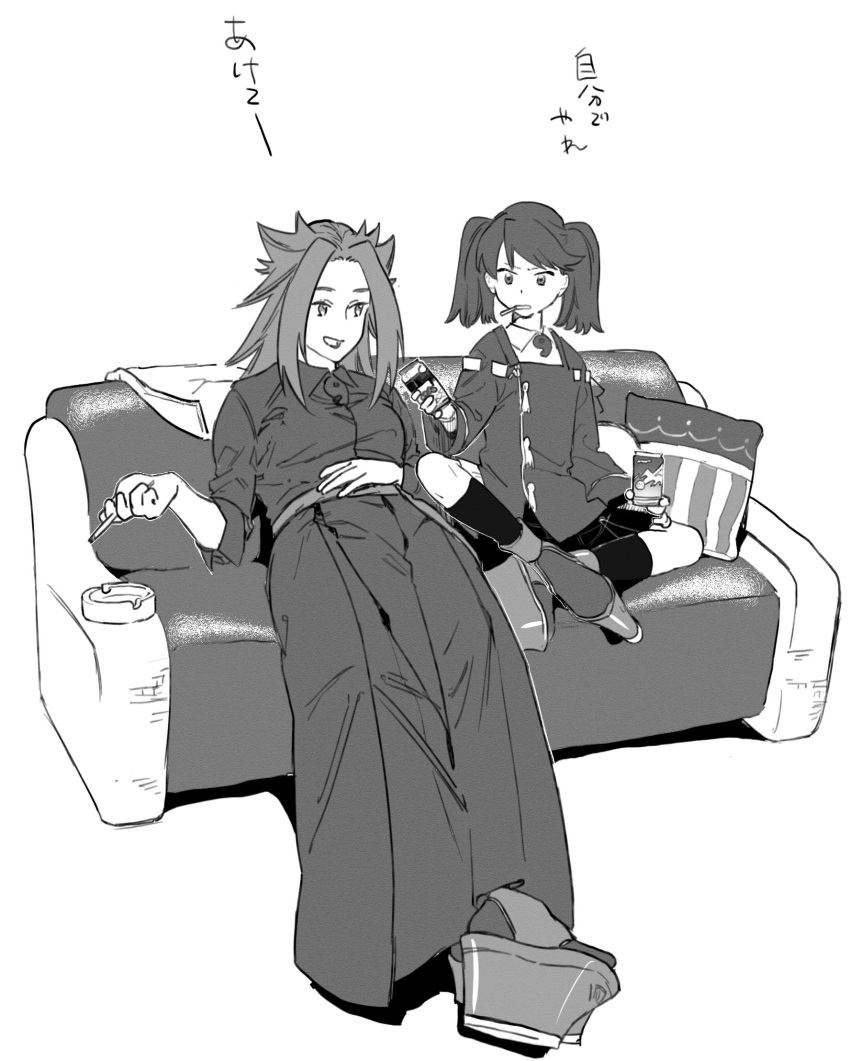 2girls ashtray can cigarette collared_shirt commentary_request couch greyscale hakama_pants highres japanese_clothes jun'you_(kantai_collection) kantai_collection kariginu kneehighs long_hair long_sleeves magatama monochrome multiple_girls pillow platform_footwear ryuujou_(kantai_collection) shirt shishanmo sitting sleeves_past_elbows spiky_hair translation_request twintails wide_sleeves