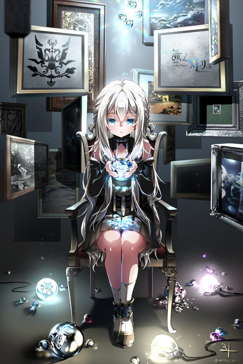 1girl :o blue_eyes bug butterfly chair commentary_request cup detached_sleeves eyebrows_visible_through_hair grey_hair highres holding holding_cup insect long_hair looking_at_viewer marble original painting_(object) postage_stamp shikinoakari sitting skirt solo witch