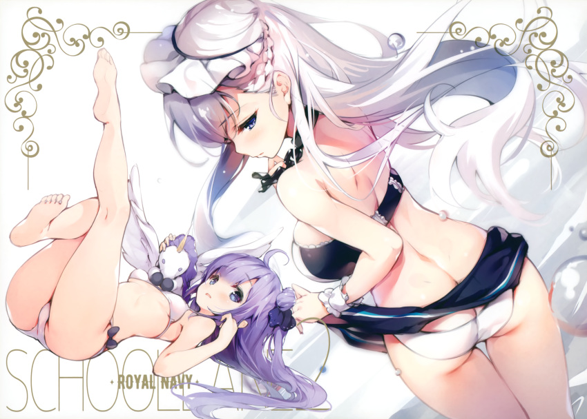 2girls absurdres ass azur_lane bangs bare_shoulders barefoot belfast_(azur_lane) bikini blue_eyes blush breasts eyebrows_visible_through_hair from_behind full_body hair_ornament highres large_breasts long_hair maid_headdress multiple_girls purple_hair scan senji_(tegone_spike) simple_background skirt skirt_lift small_breasts stuffed_animal stuffed_toy swimsuit thighs toes unicorn_(azur_lane) violet_eyes white_background white_hair