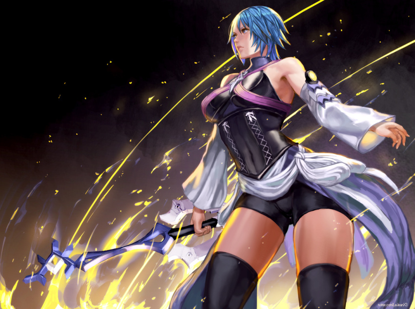 1girl aqua_(kingdom_hearts) bare_shoulders bike_shorts black_legwear blue_eyes blue_hair breasts closed_mouth corset detached_sleeves fire gloves keyblade kingdom_hearts kingdom_hearts_birth_by_sleep rejean_dubois short_hair solo thigh-highs