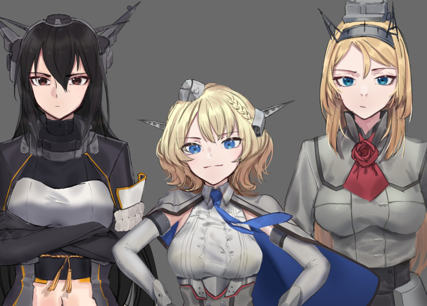 3girls :/ bangs black_hair blonde_hair blue_eyes blue_neckwear breasts brown_eyes capelet closed_mouth colorado_(kantai_collection) crossed_arms disconnected_mouth dress elbow_gloves flower garrison_cap gloves grey_background grey_dress hair_ornament hands_on_hips hat headgear highres kantai_collection large_breasts long_hair long_sleeves multiple_girls nagato_(kantai_collection) navel necktie nelson_(kantai_collection) pleated_dress red_flower red_neckwear red_rose remodel_(kantai_collection) rose shirt short_hair side_braids simple_background sleeveless smug stota1320 uniform upper_body white_shirt