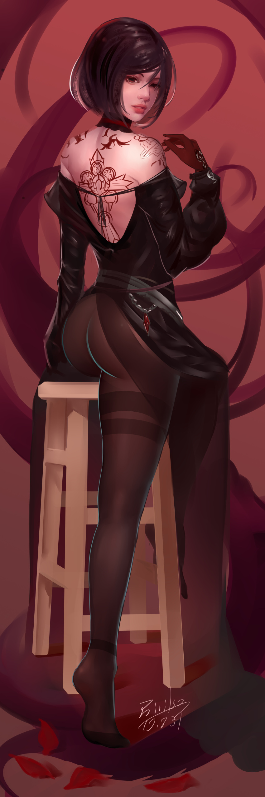 1girl absurdres ass black_hair black_legwear dungeon_and_fighter highres hot incredibly_absurdres legs lips pantyhose ririko short_hair tattoo thighs