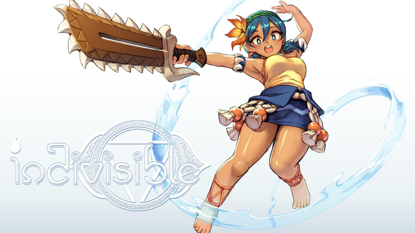 +_+ 1girl armlet armpits artist_request barefoot blue_eyes blue_hair blue_sky breasts chainsword commentary copyright_name dark_skin element_bending english_commentary flower full_body hair_flower hair_ornament highres holding holding_sword holding_weapon indivisible leilani medium_breasts open_mouth promotional_art short_twintails sky smile solo sword toes twintails water weapon