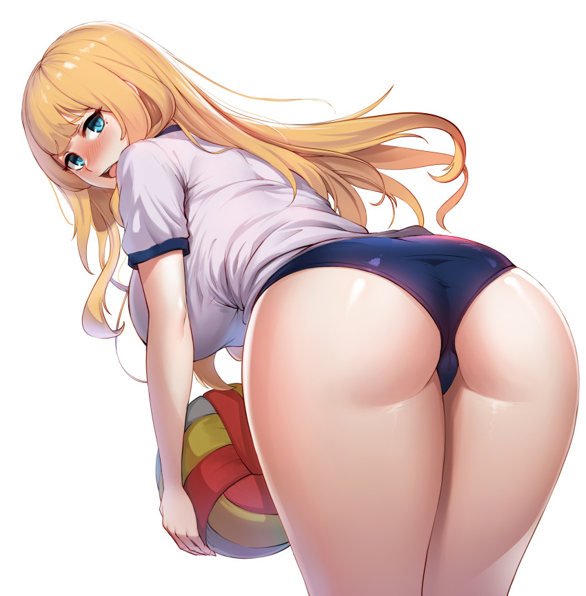 1girl absurdres ass ball bangs bent_over blonde_hair blue_buruma blue_eyes blush breasts buruma gym_shirt gym_uniform highres holding large_breasts long_hair looking_at_viewer looking_back mingakk open_mouth original shirt simple_background solo volleyball white_background