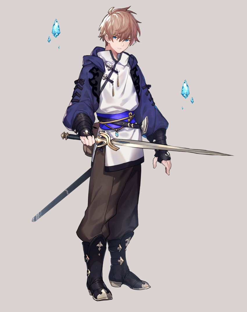 1boy beige_background belt blue_eyes brown_hair closed_mouth floating hair_between_eyes highres holding holding_sword holding_weapon ice konbumeshi male_focus original pouch scabbard sheath simple_background standing sword weapon
