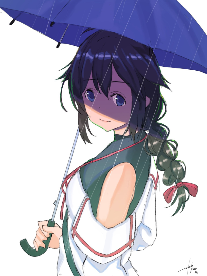 1girl ahoge alternate_costume black_hair black_shirt blue_eyes blue_umbrella braid casual dress_shirt hair_flaps hair_over_shoulder highres kantai_collection looking_at_viewer off-shoulder_shirt off_shoulder rain remodel_(kantai_collection) shigure_(kantai_collection) shirt simple_background single_braid sleeveless sleeveless_shirt solo turtleneck umbrella upper_body utachy white_background white_shirt