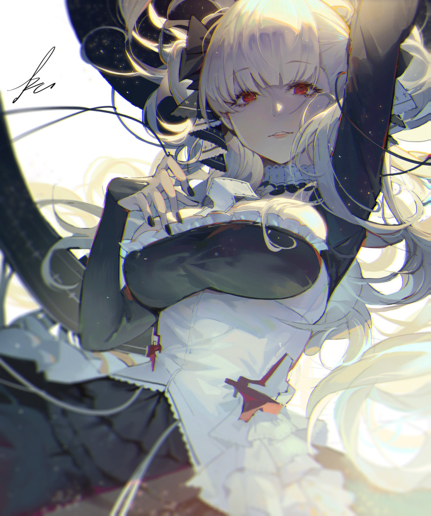 1girl absurdres arm_up azur_lane bangs bare_shoulders between_breasts black_dress black_nails blush breasts cowboy_shot dress eyebrows_visible_through_hair flight_deck floating_hair formidable_(azur_lane) frilled_dress frills hair_ribbon hand_up highres kuroduki_(pieat) large_breasts long_hair long_sleeves looking_at_viewer parted_lips red_eyes ribbon rigging signature solo twintails two-tone_dress two-tone_ribbon very_long_hair white_hair