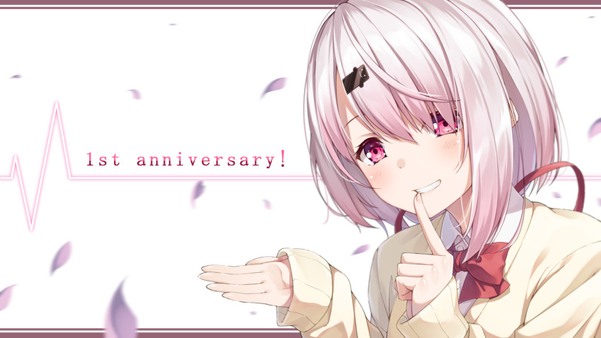 1girl anniversary bangs blush bow brown_cardigan cardigan collared_shirt dress_shirt eyebrows_behind_hair fingernails grin hair_ornament hair_over_one_eye hair_ribbon hairclip hands_up highres index_finger_raised long_hair long_sleeves looking_at_viewer nijisanji petals pink_hair red_bow red_ribbon ribbon shiina_yuika shirt sidelocks sleeves_past_wrists smile solo upper_body violet_eyes virtual_youtuber white_background white_shirt yuuri_nayuta