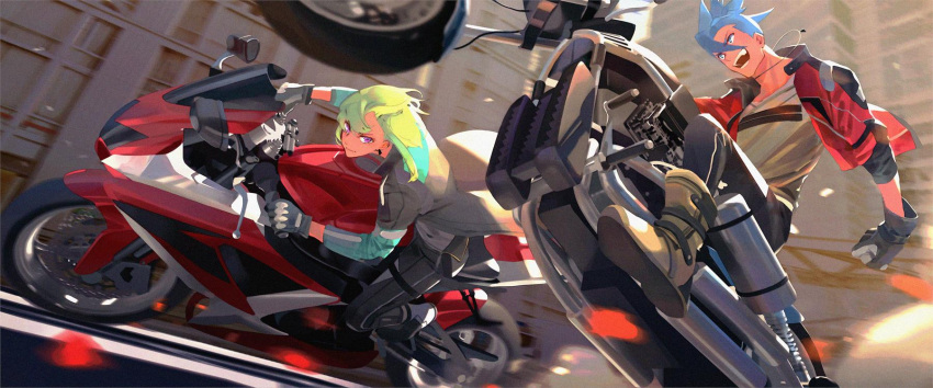 2boys blue_hair boots chenalii coat galo_thymos gloves green_hair ground_vehicle highres jacket lio_fotia long_coat male_focus motor_vehicle motorcycle multiple_boys on_motorcycle open_mouth pants promare short_hair smile spiky_hair violet_eyes