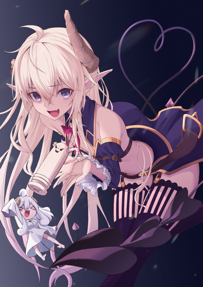 &gt;_&lt; 0ecm 1girl :d absurdres asymmetrical_horns bare_shoulders bent_over black_legwear blonde_hair blush broken_horn crop_top demon_girl demon_horns demon_tail detached_sleeves fang heart heart_tail highres horns huge_filesize lilith_(machikado_mazoku) long_hair looking_at_viewer machikado_mazoku minigirl multiple_persona open_mouth smile tail thigh-highs very_long_hair violet_eyes