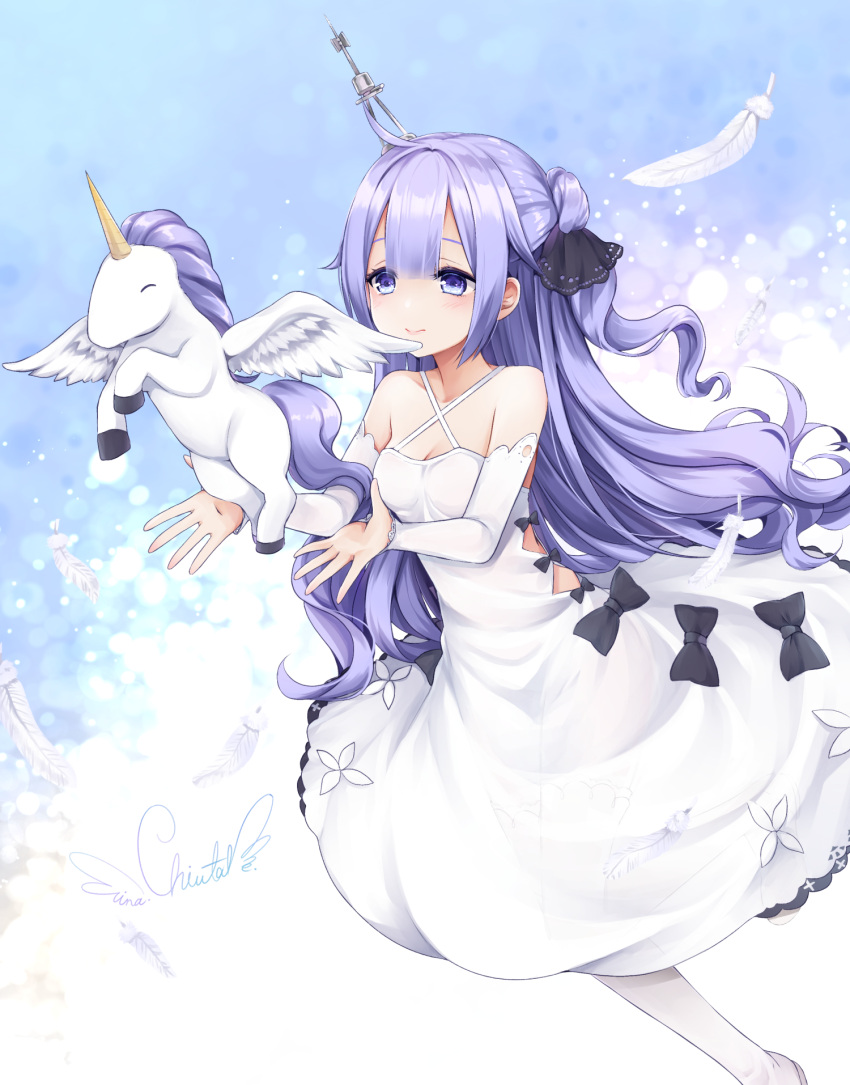 1girl ahoge alicorn azur_lane bare_shoulders chiutake_mina collarbone commentary_request dress feathers flying gradient gradient_background hair_bun hair_ribbon highres long_hair one_side_up purple_hair ribbon side_bun signature simple_background smile unicorn_(azur_lane) violet_eyes white_dress white_legwear