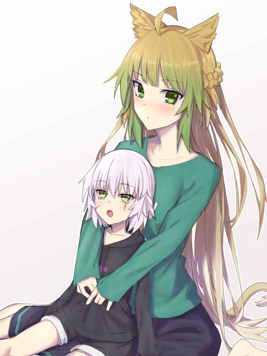 2girls :o ahoge animal_ears atalanta_(fate) black_hoodie black_shorts cat_ears collarbone commentary_request elfenlied22 eyebrows_visible_through_hair fate/apocrypha fate_(series) green_eyes green_hair green_sweater highres jack_the_ripper_(fate/apocrypha) long_hair looking_at_viewer looking_up multicolored_hair multiple_girls scar short_hair short_shorts shorts silver_hair simple_background sweater white_background