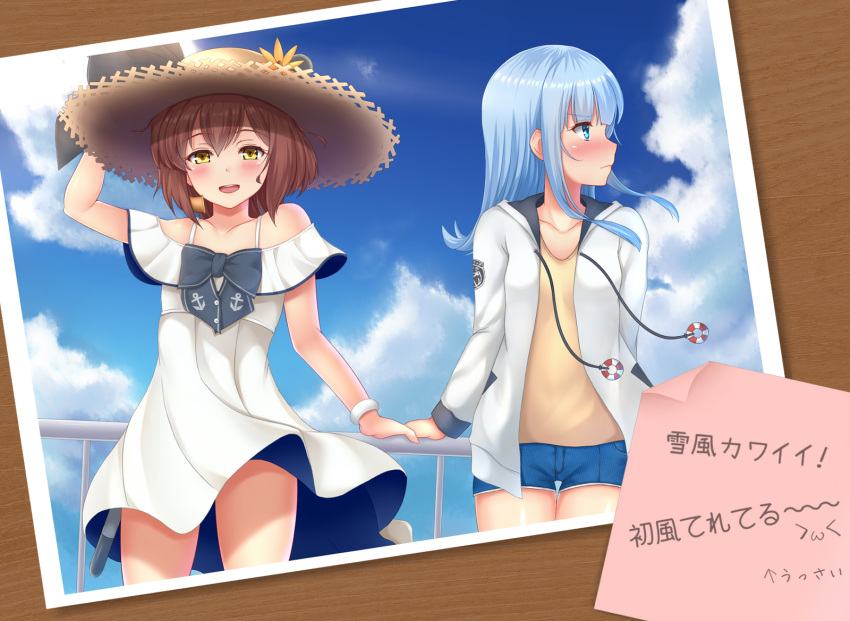 2girls blue_hair blue_shorts blue_sky brown_eyes brown_hair clouds collarbone commentary_request dress hat hatsukaze_(kantai_collection) highres hime_cut hood hood_down hoodie kantai_collection long_hair long_sleeves looking_at_viewer looking_away multiple_girls open_clothes open_hoodie photo_(object) piyobomu shirt short_hair shorts sky smile speaking_tube_headset straw_hat sun_hat sundress translated white_dress white_hoodie yellow_shirt yukikaze_(kantai_collection)